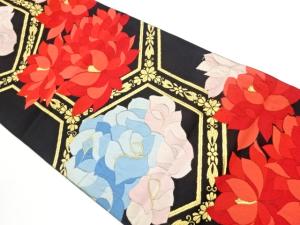 亀甲に抽象ダリア・薔薇模様織出し袋帯